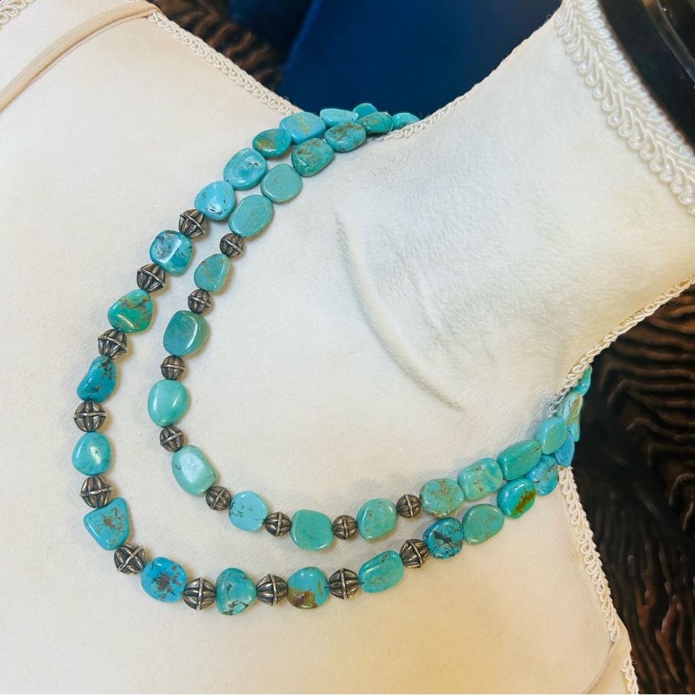 Handcrafted vintage genuine turquoise double strand necklace